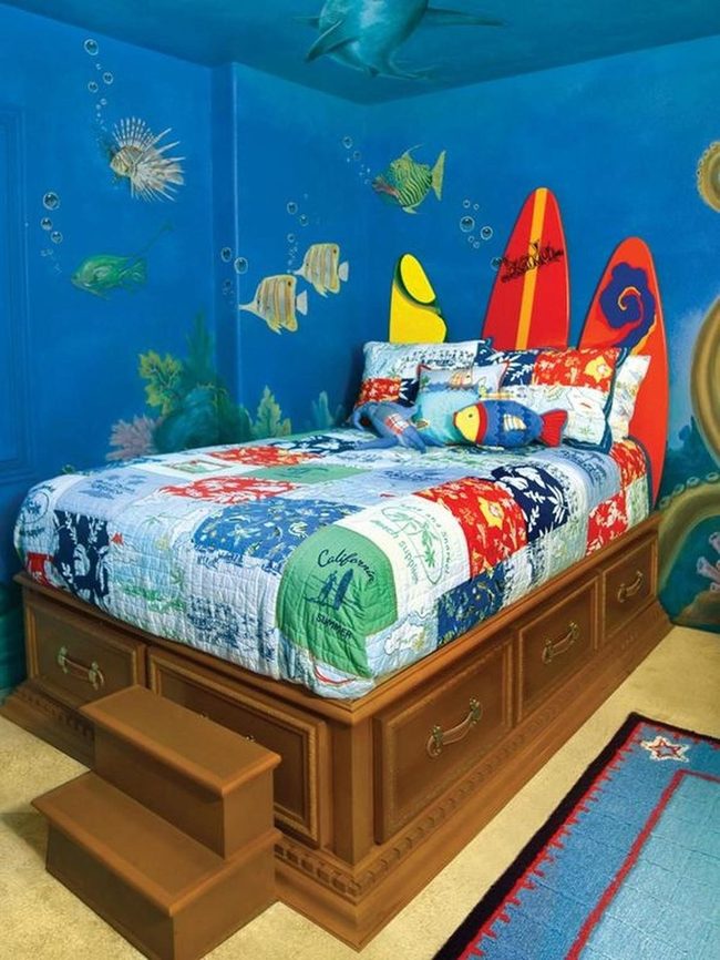 Ocean Blue Bedroom With Surfboards