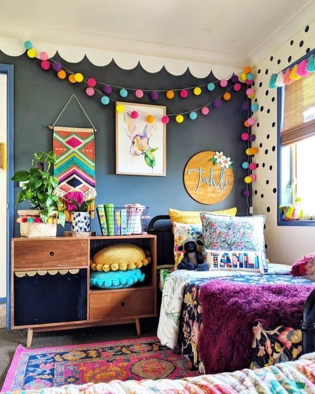 Dark Blue Bedroom With String Lights