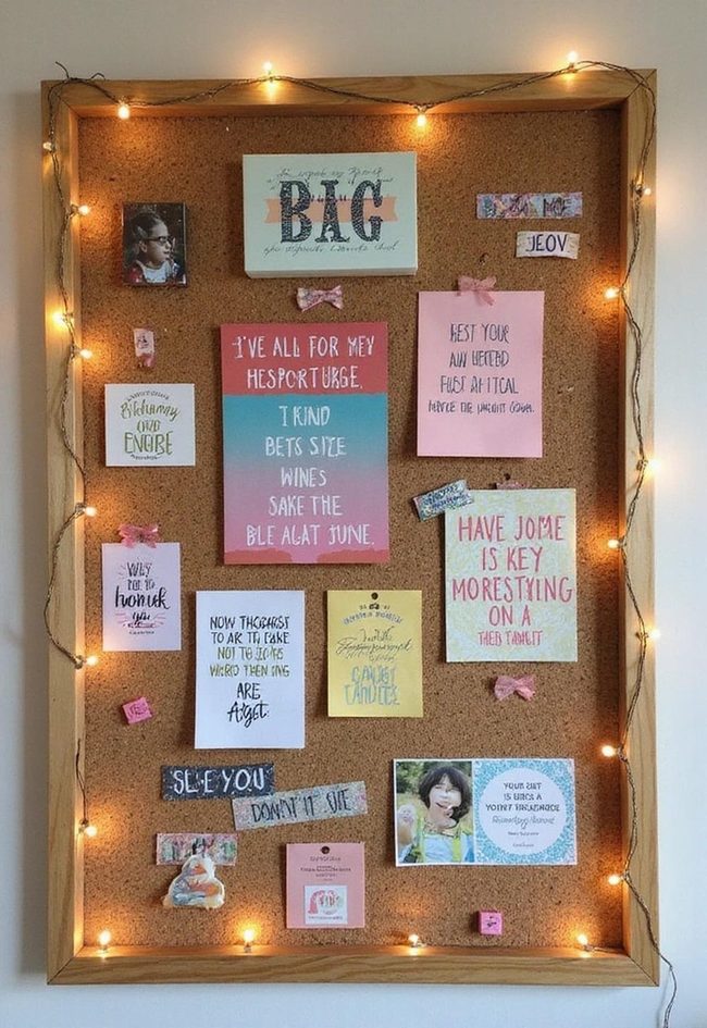 Inspirational Cork Board With String Lights
