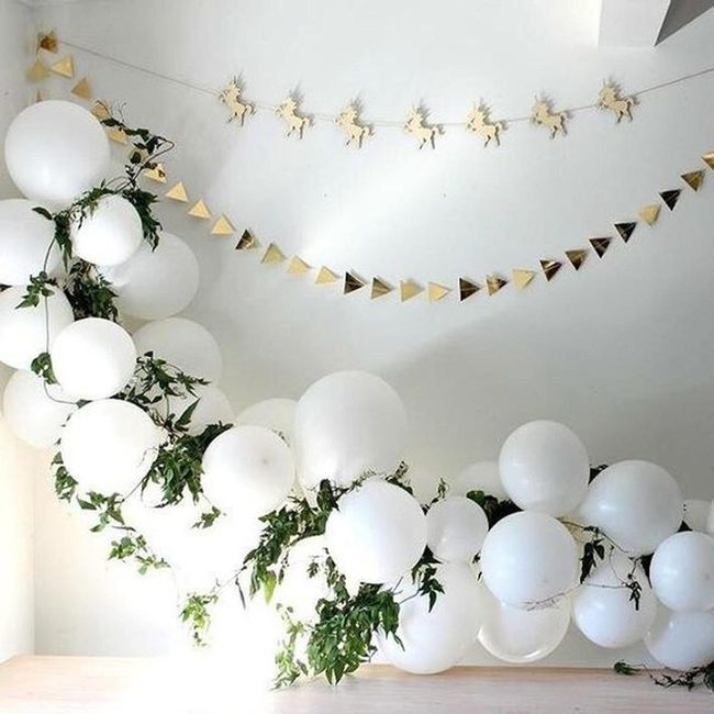 White Balloons, Gold Geometry, Green Leaves