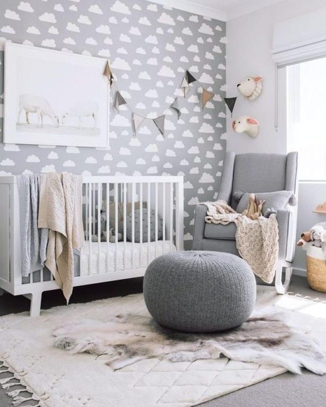 White Crib, Gray Clouds, Soft Nursery