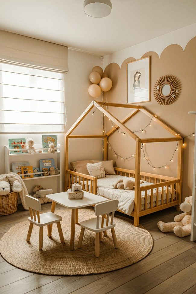 Wooden House Bed With Glowing String Lights