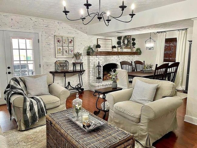 Black Chandelier Over Wicker Storage