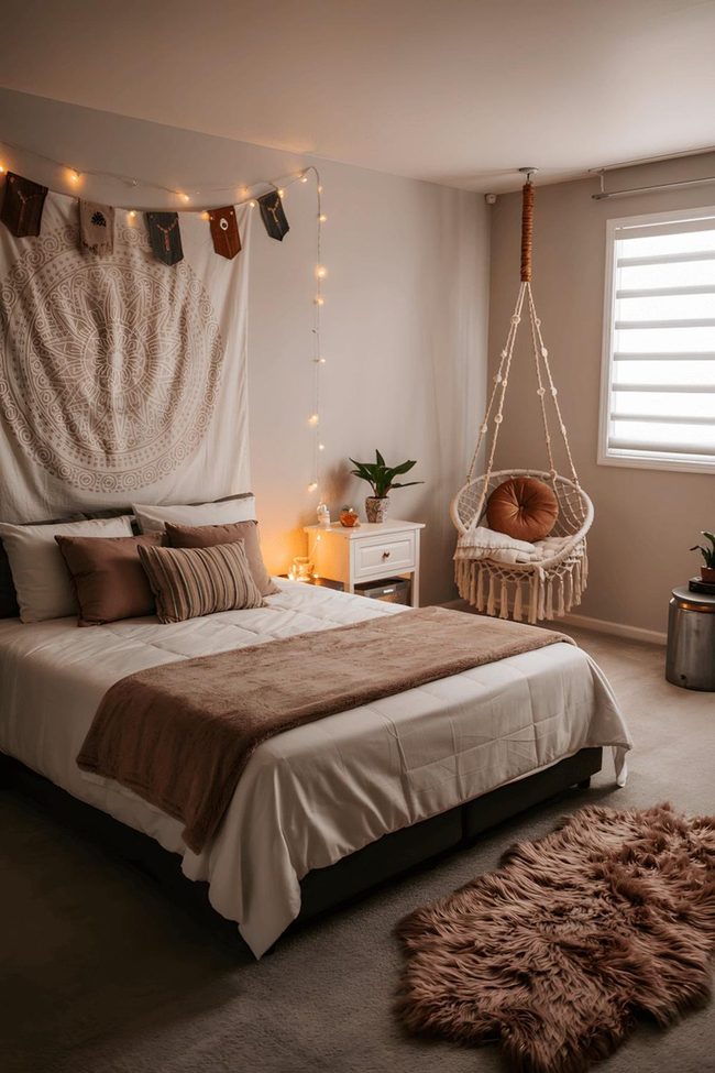 Mandala Tapestry With Golden String Lights