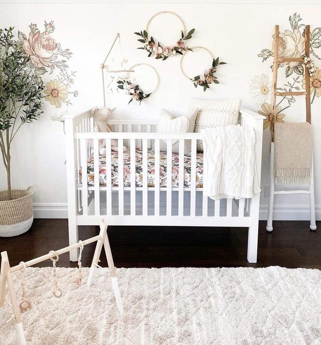 White Botanical Nursery with Dark Wood Floors