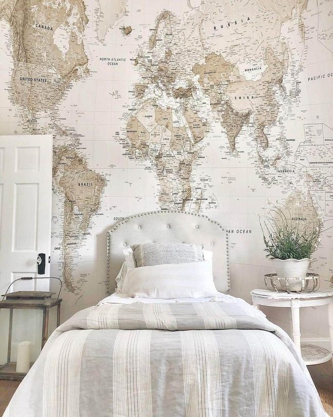 Beige World Map Statement Wall