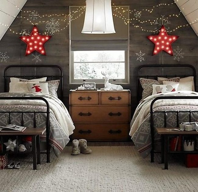 Gray Patterned Beds With Red Star Lights
