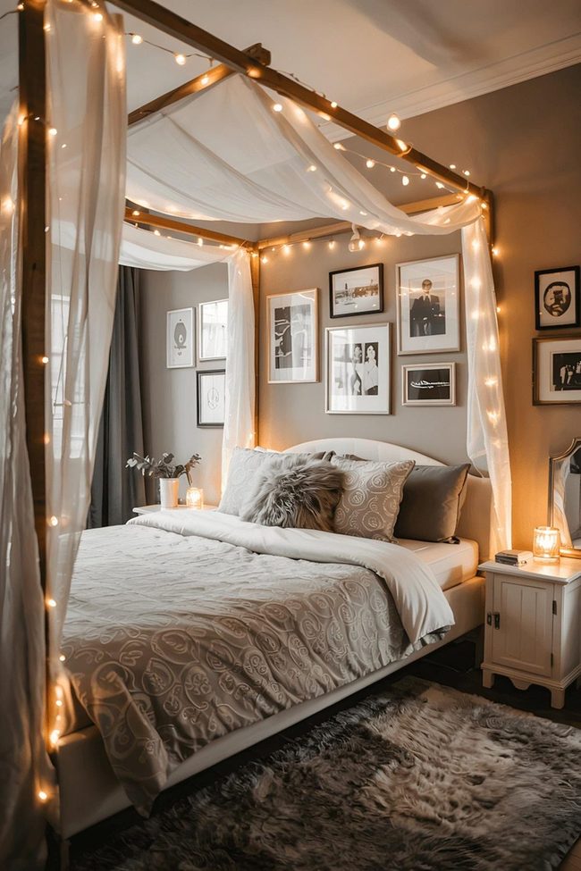 White Canopy Bed With Cascading Sheer Fabric