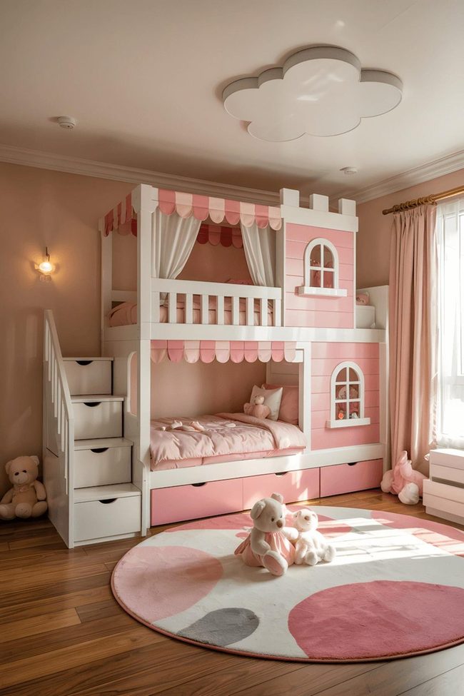 Pink Striped Castle Bunk Bed Royalty