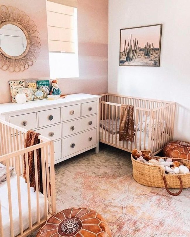 Twin Wooden Cribs, Pink Walls
