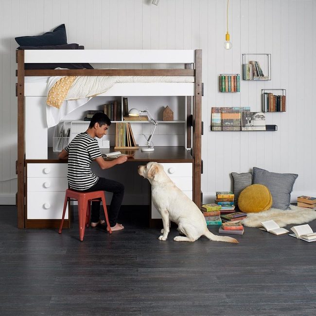 Dark Wood Loft Bed Desk Combo