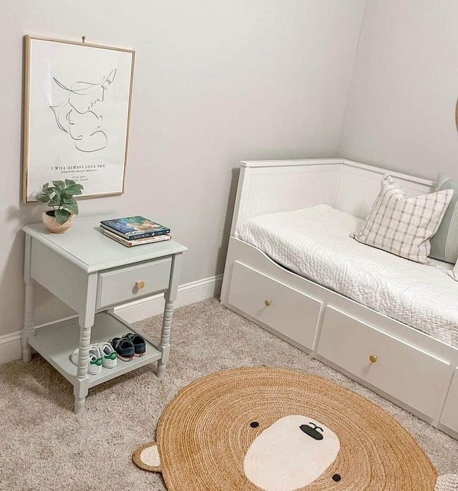 White Daybed With Rattan Bear Rug