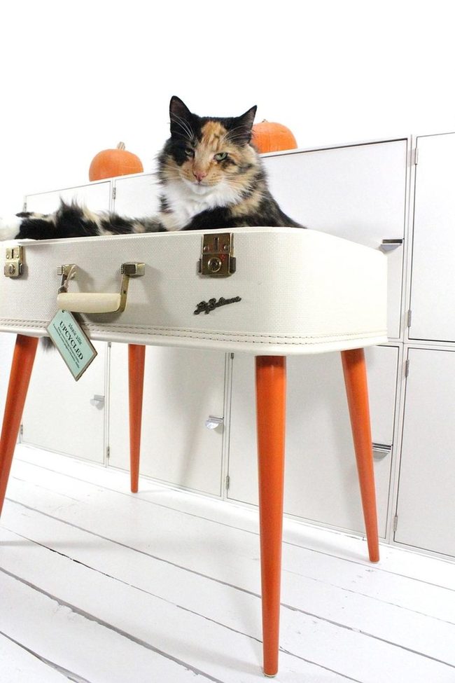 White Suitcase Table, Orange Accents