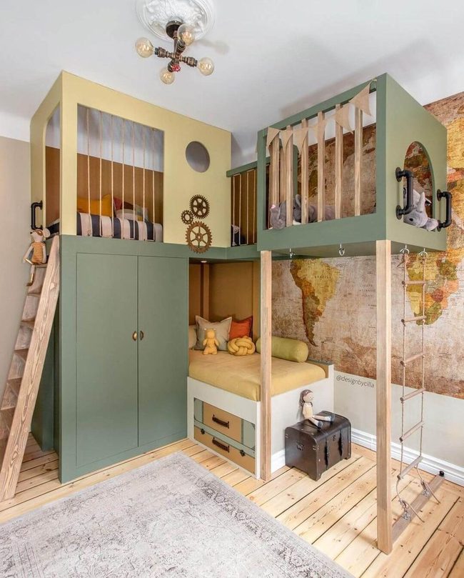 Green Bunk Bed, Wooden Warmth