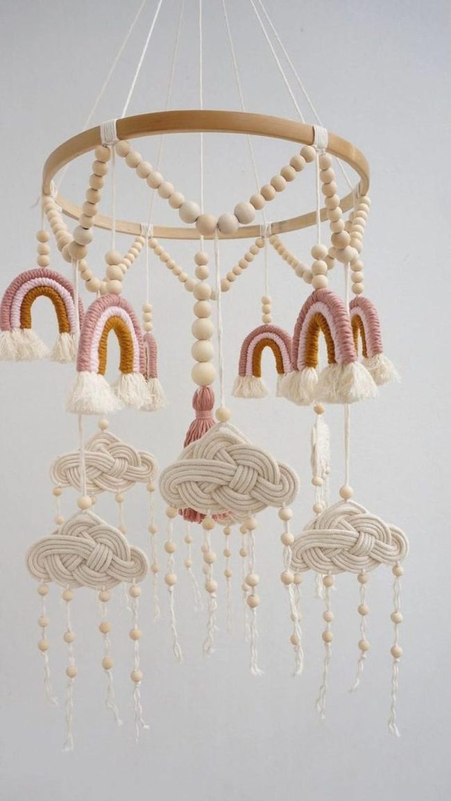 Wooden Rainbow With Dangling Clouds