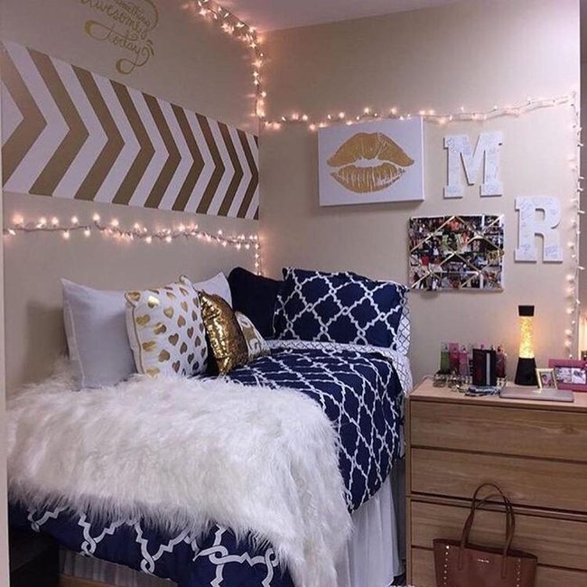 Gold Lips Navy Bedroom