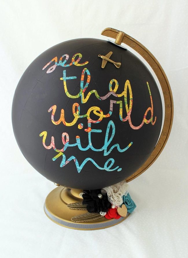 Black Globe, Colorful Letters, Golden Plane