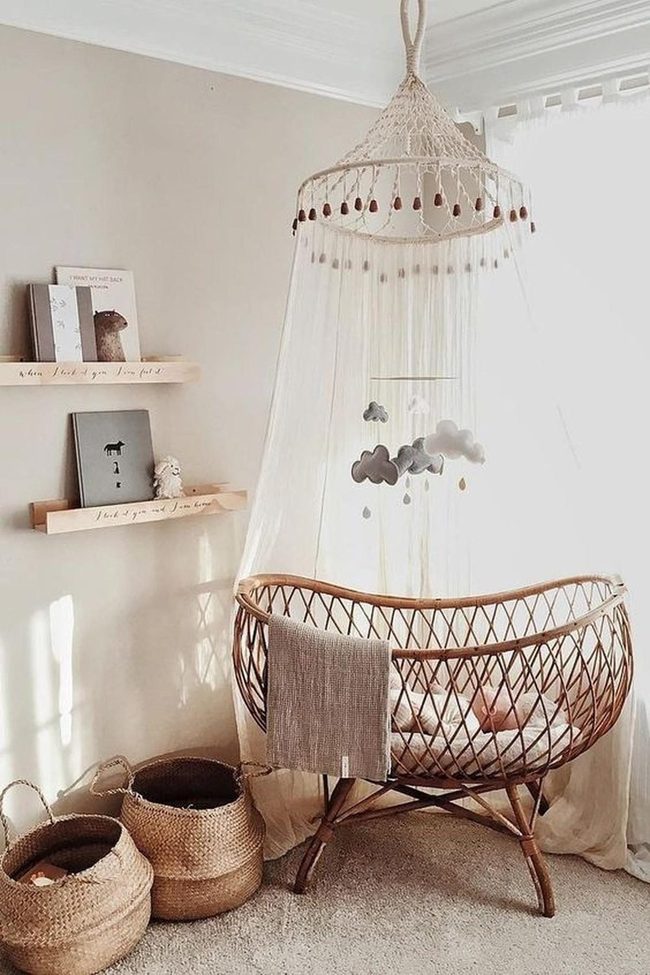 Rattan Crib Nursery In Soft Beige