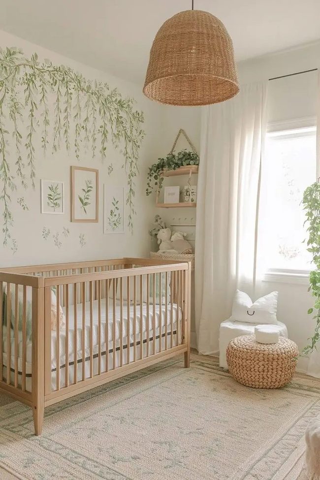 Soft Green Nursery With Willow Mural