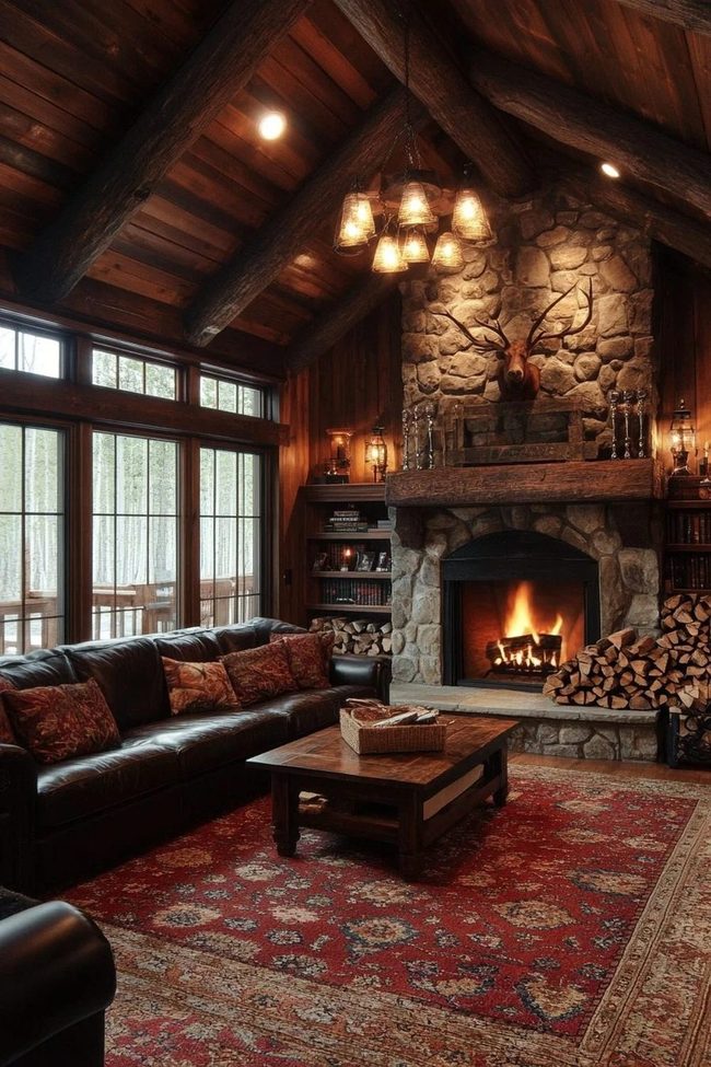 Stone Fireplace, Wooden Beams, Earthy Sanctuary