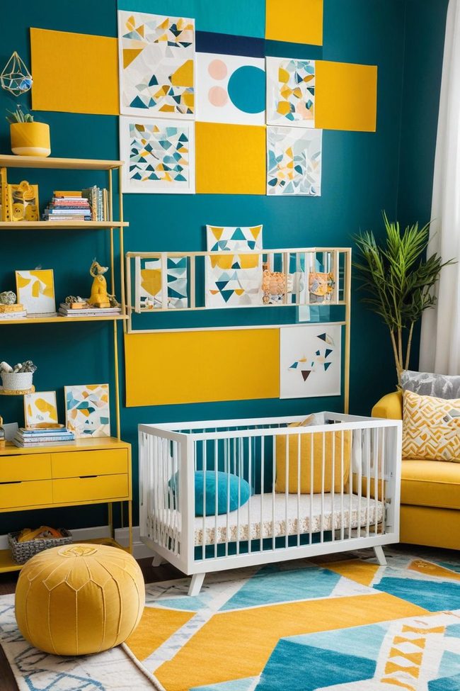 Deep Teal Walls and Sculptural Shelves