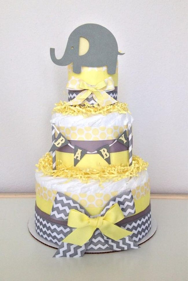 Yellow Gray Elephant Diaper Cake