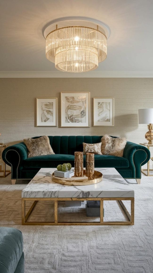 Velvet Sofa Meets Gold Accents