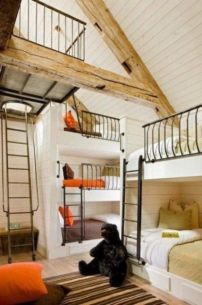 Orange Pillows, Wooden Beams, Bunks