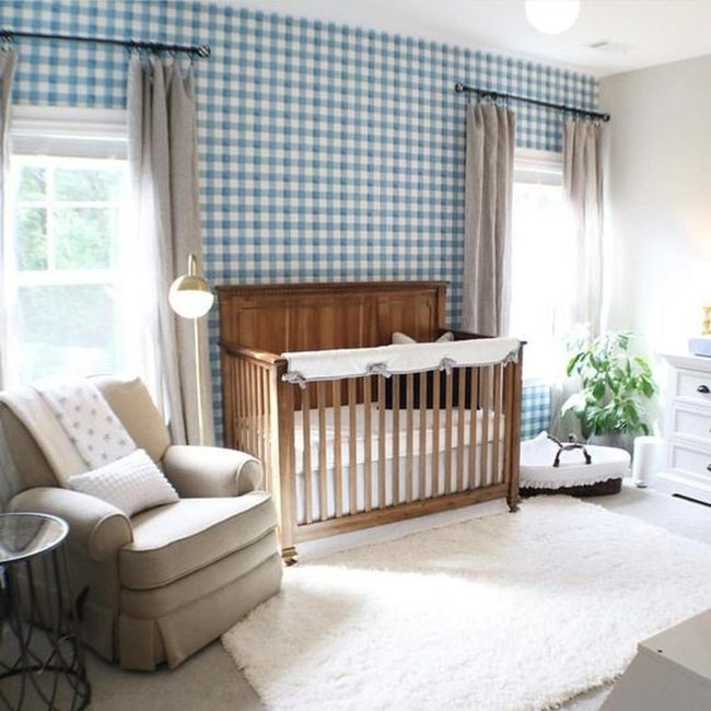 Wooden Crib, Blue Checkered Nursery