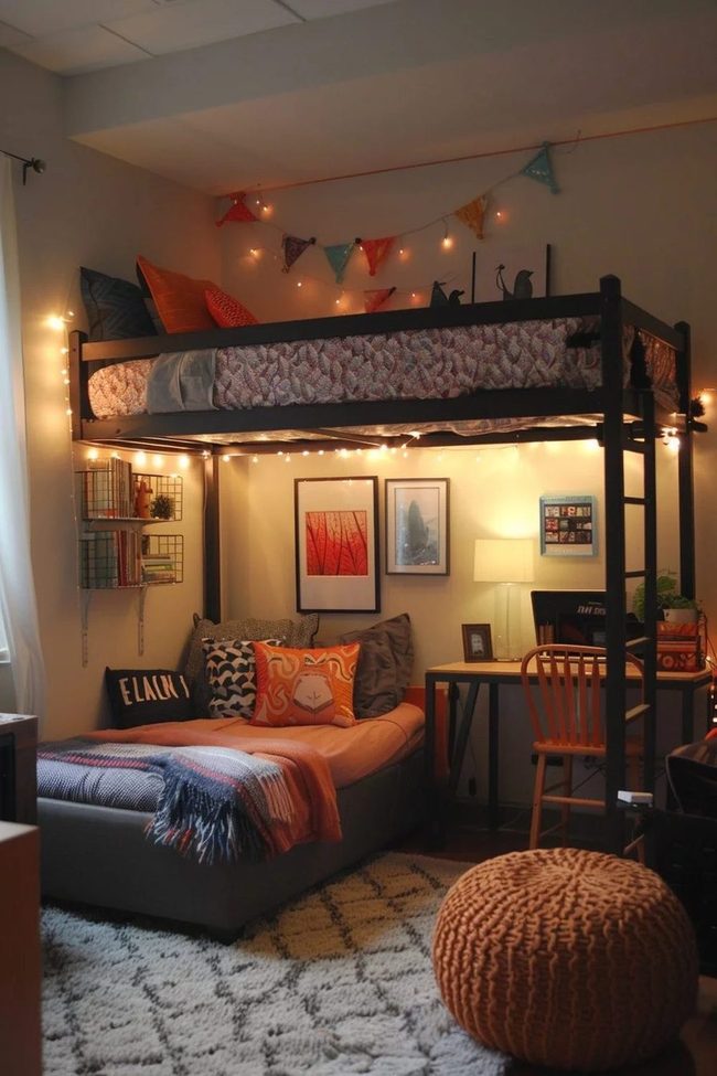 Lofted Bed With String Lights