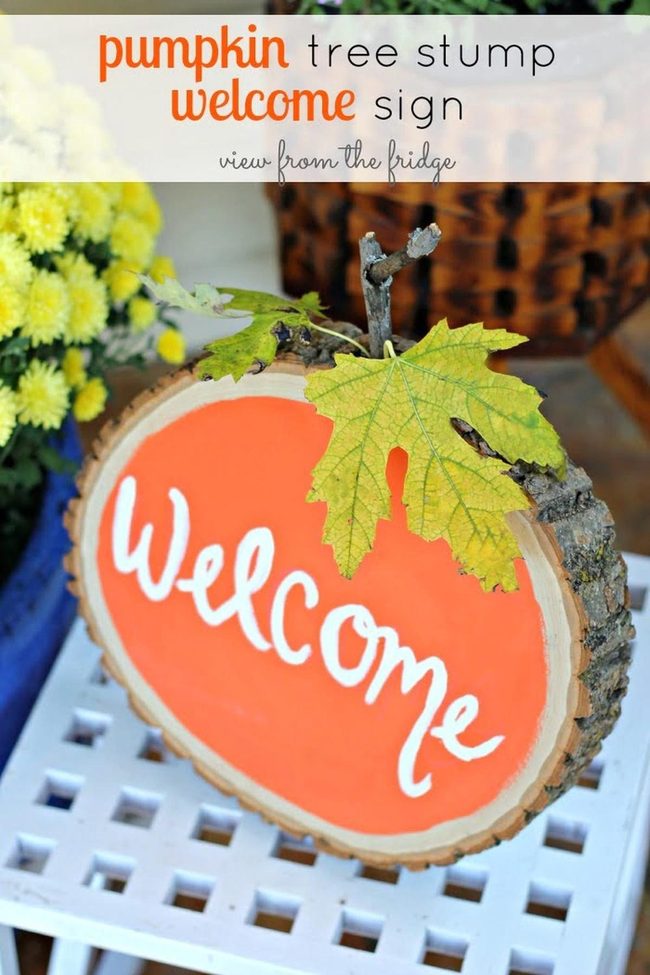 Orange Pumpkin Wood Slice Sign