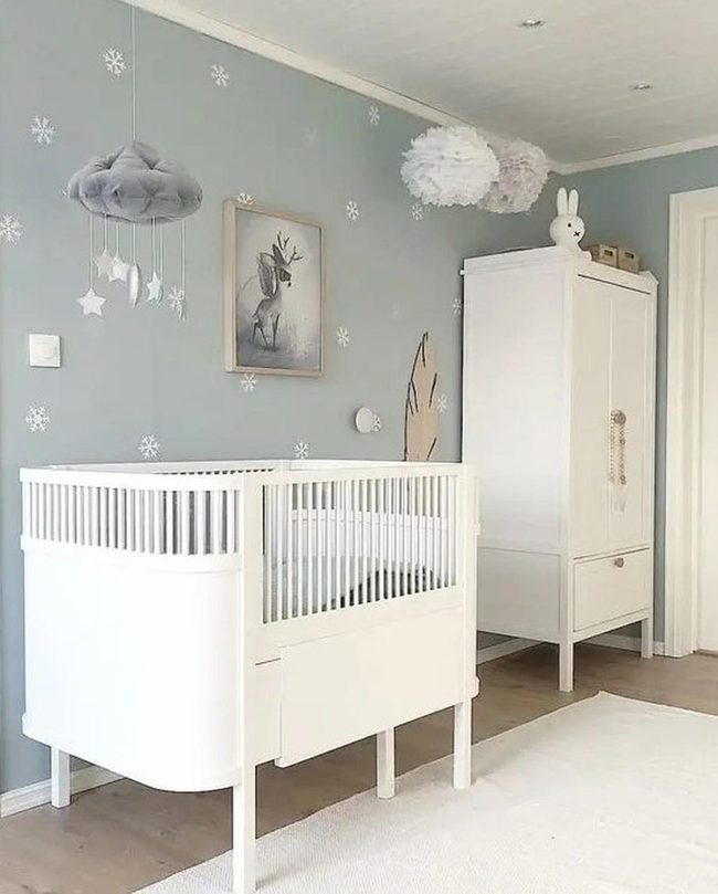 Blue Nursery With Floating Cloud Mobiles