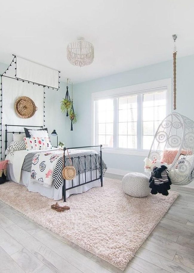 Light Blue Bedroom With Hanging Chair