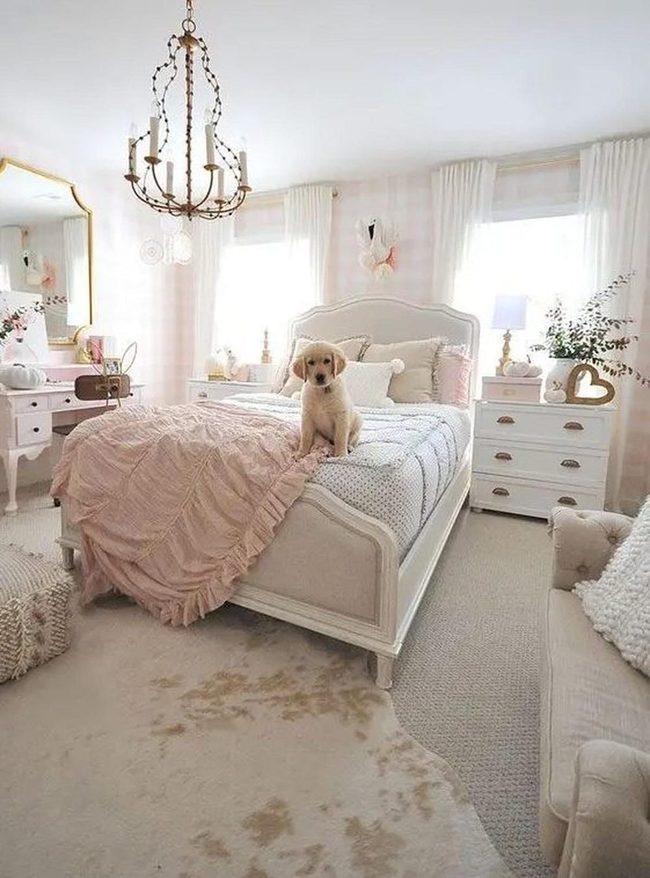 Pink-Lit Bedroom With Puppy