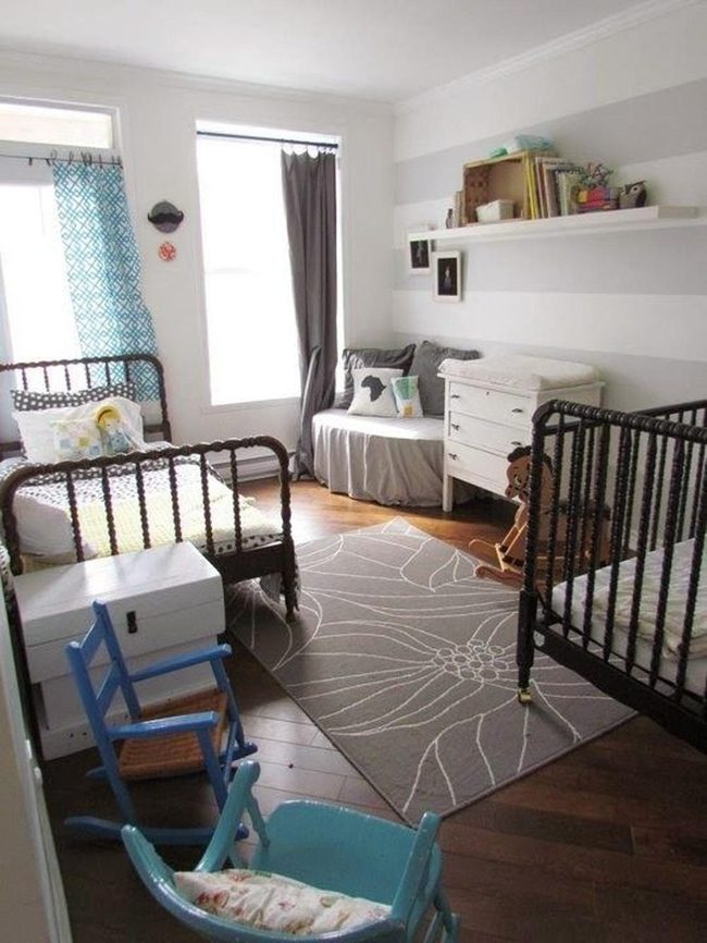 Gray Striped Walls, Metal Beds