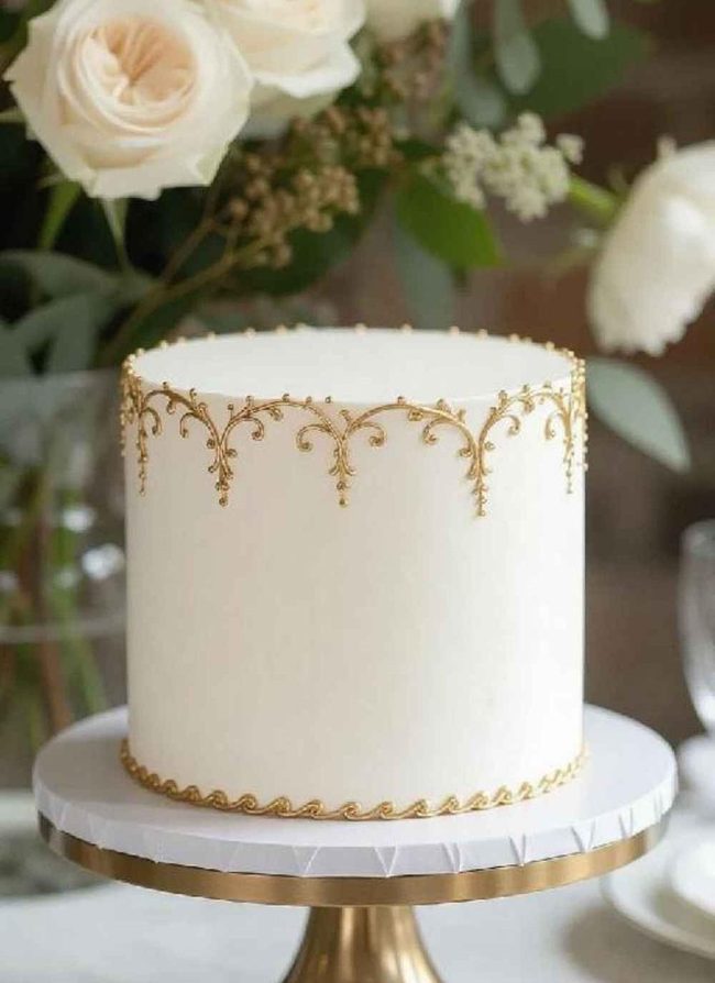 Gold Accented White Cake Centerpiece