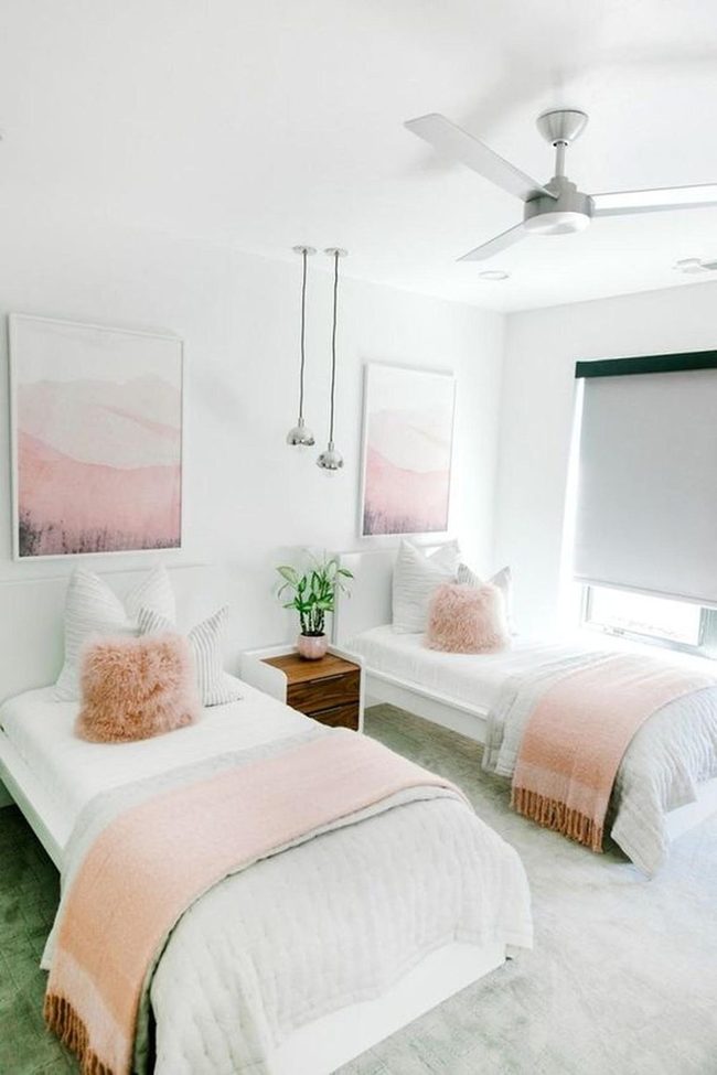 Pink Twin Bedroom With Mountain Art