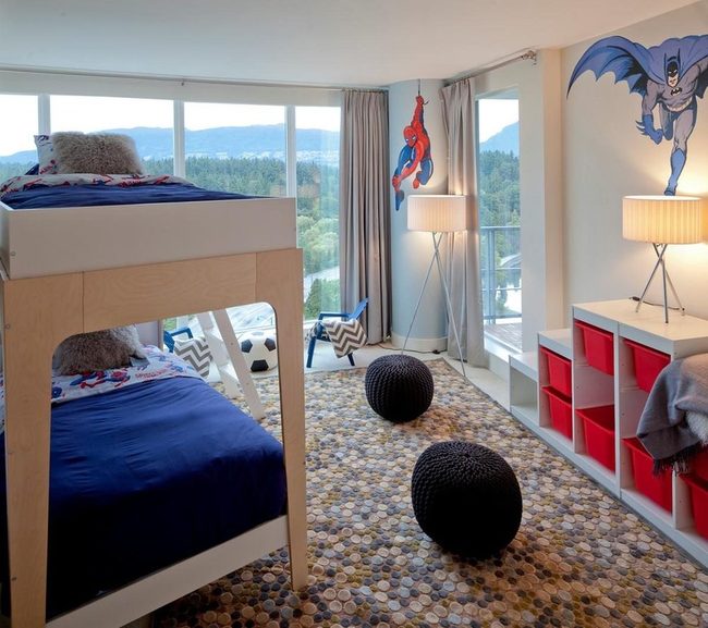 Navy Bunk Beds, Superhero Walls