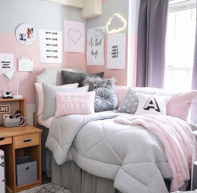 Gray Stripes Pink Bedroom