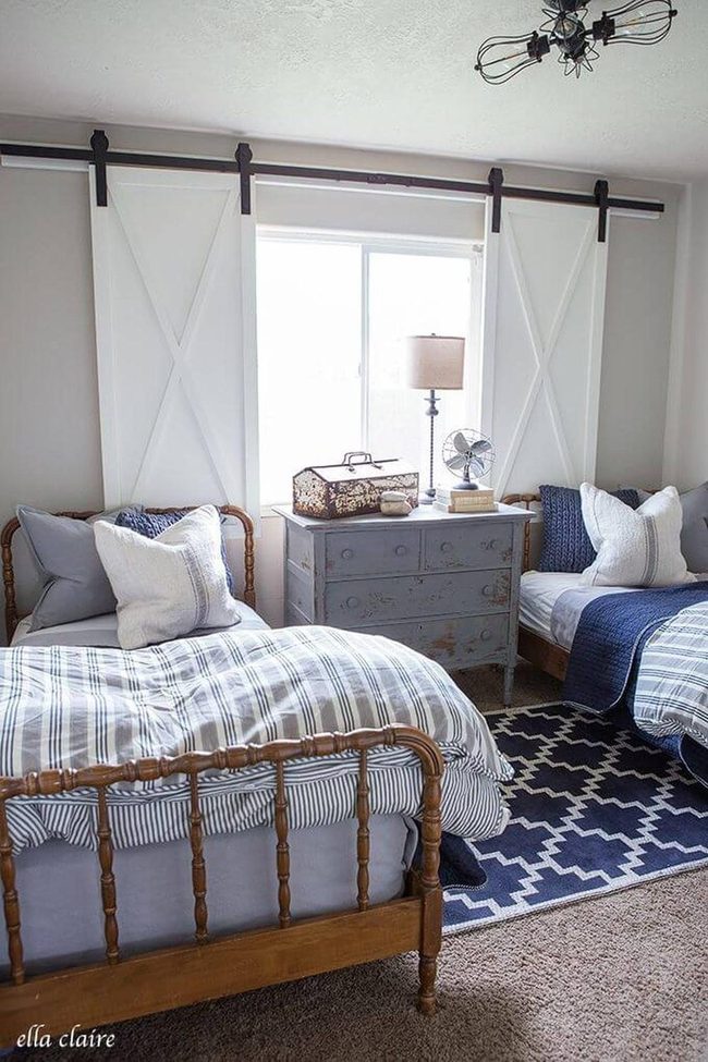 Navy Blue Boys' Room With Barn Doors