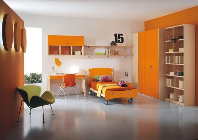 Bright Orange Bedroom With Light Wood