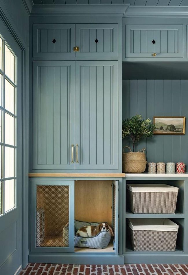 Blue-Green Kitchen With Dog Kennel