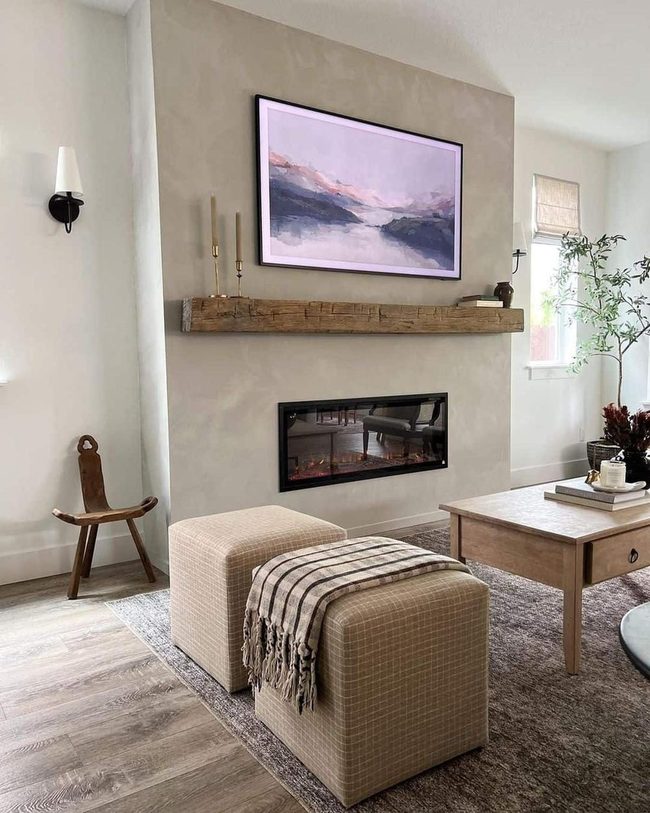 Gray Stucco Fireplace Wall