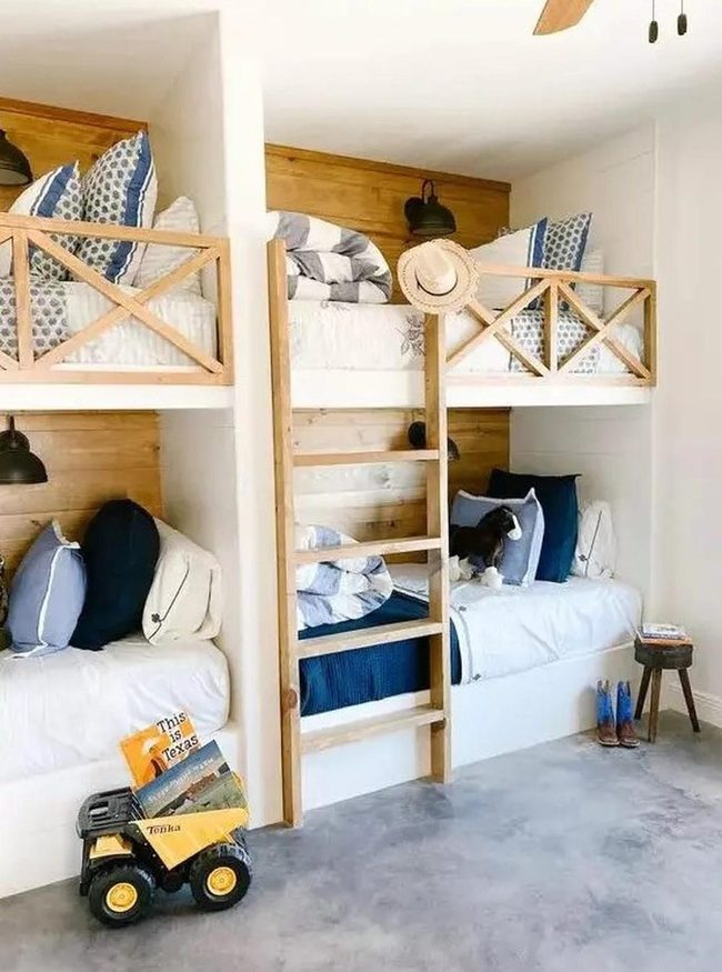 Wooden Bunk Beds, Blue Pillows