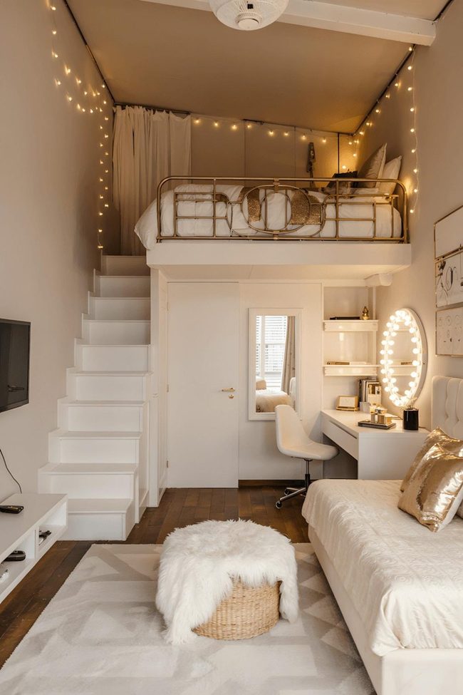Gold-Framed Bedroom With Starlit String Lights