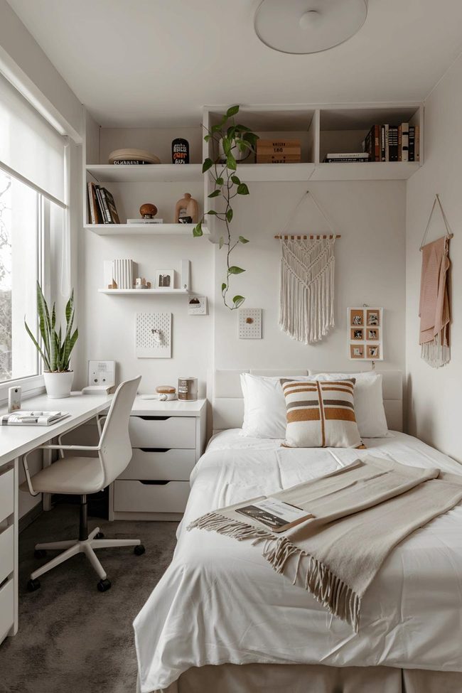 White Bed With Beige Plants And Built-In Organizing
