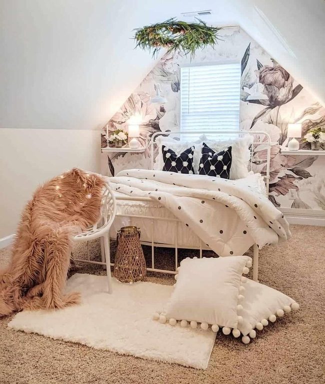 White Floating Lamps, Polka Dot Bed