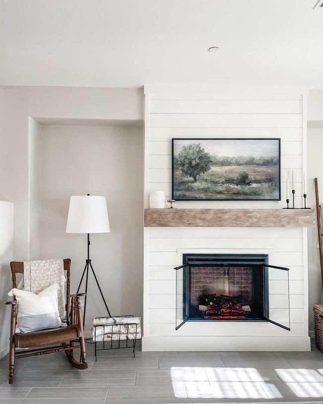 White Shiplap Fireplace Feature