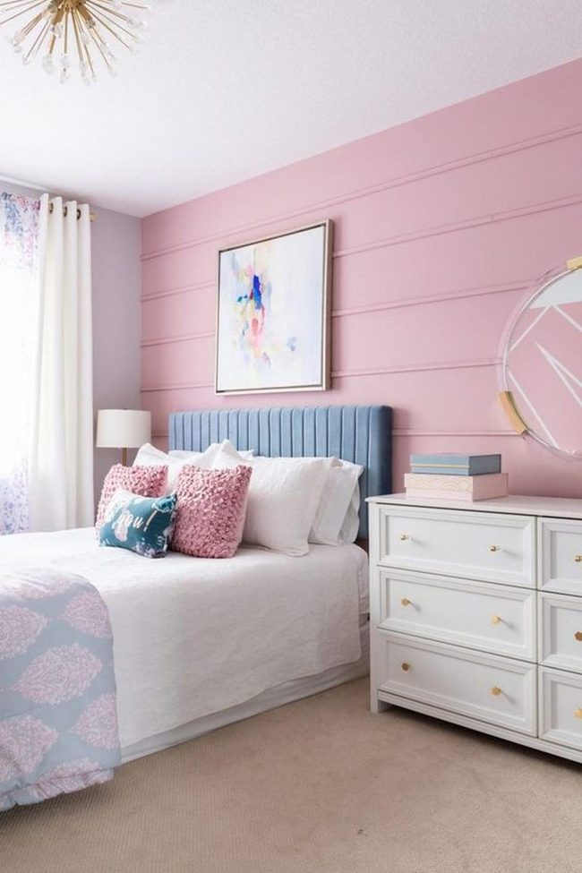 Pink Walls Blue Headboard Gold Details