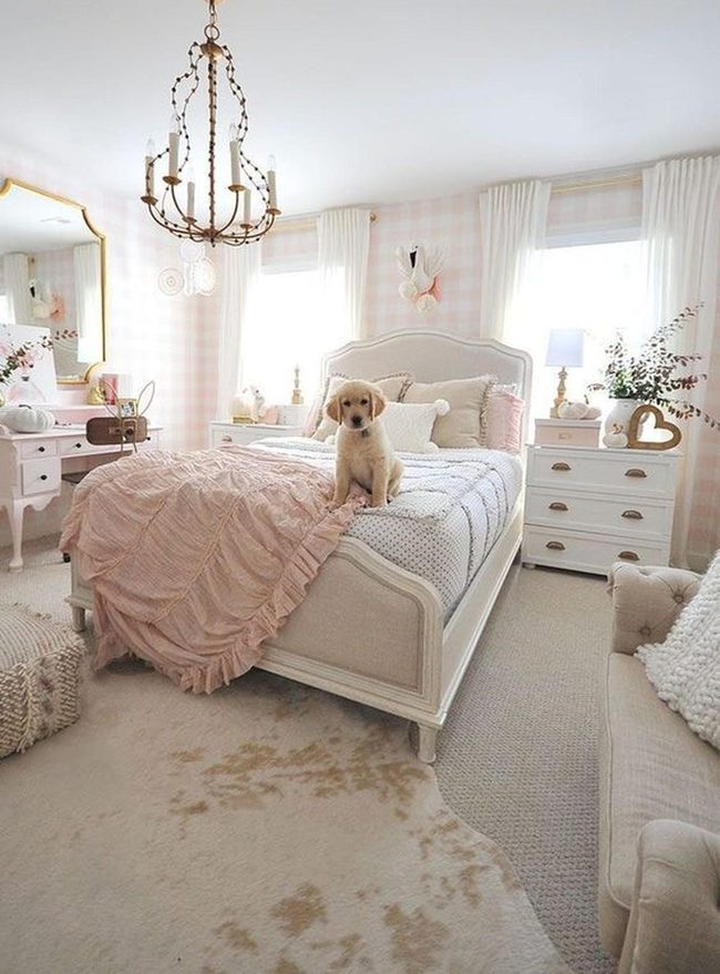 Pink Bedroom With Vintage Chandelier